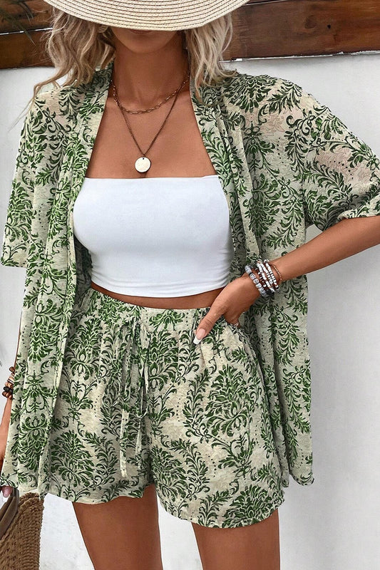 Printed Open Front Top and Shorts Set
